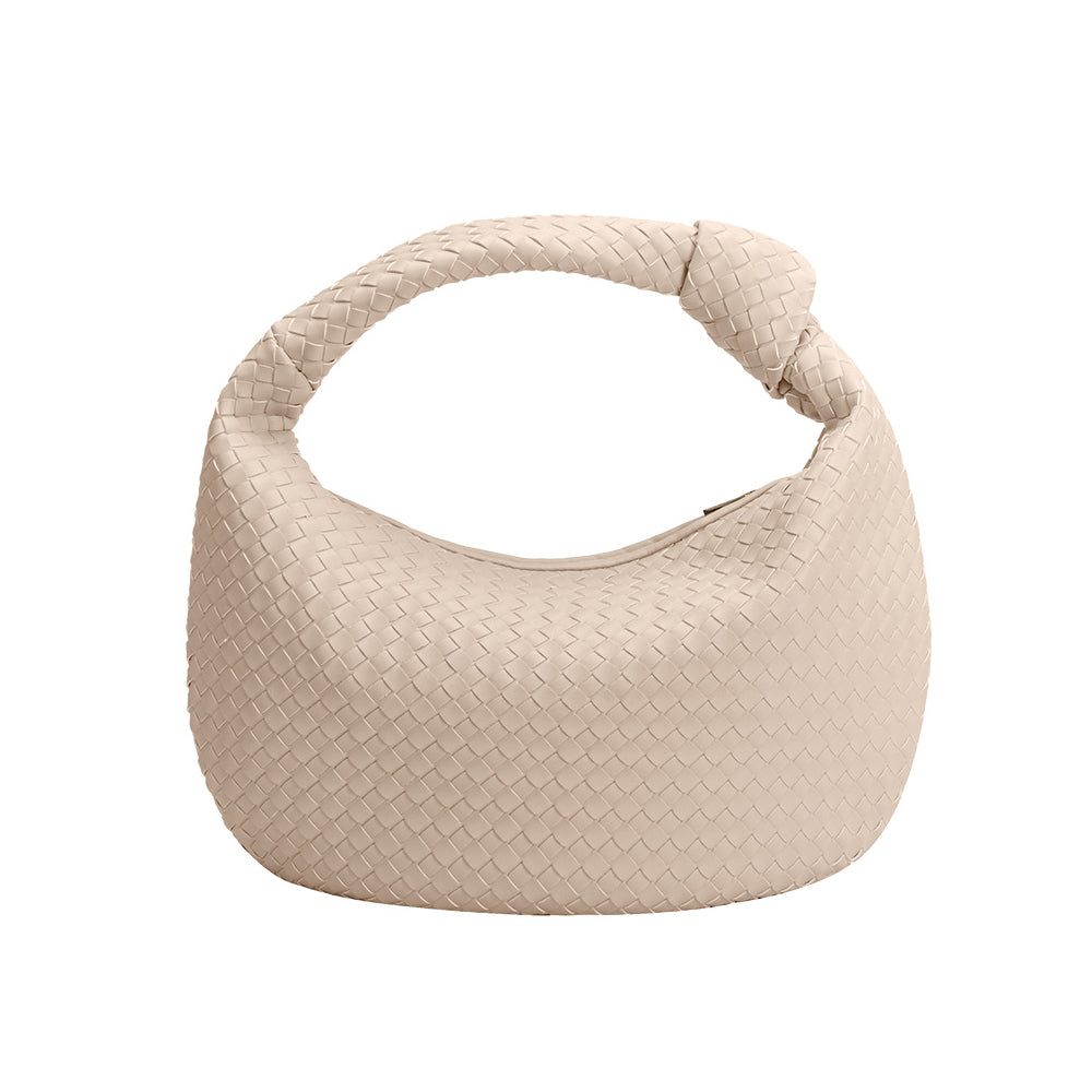 A bone recycled vegan leather shoulder bag with a knot. 