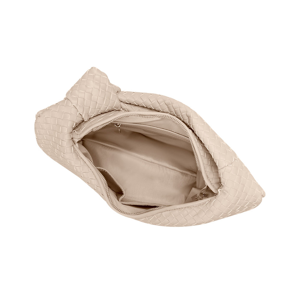 A bone recycled vegan leather shoulder bag with a knot.