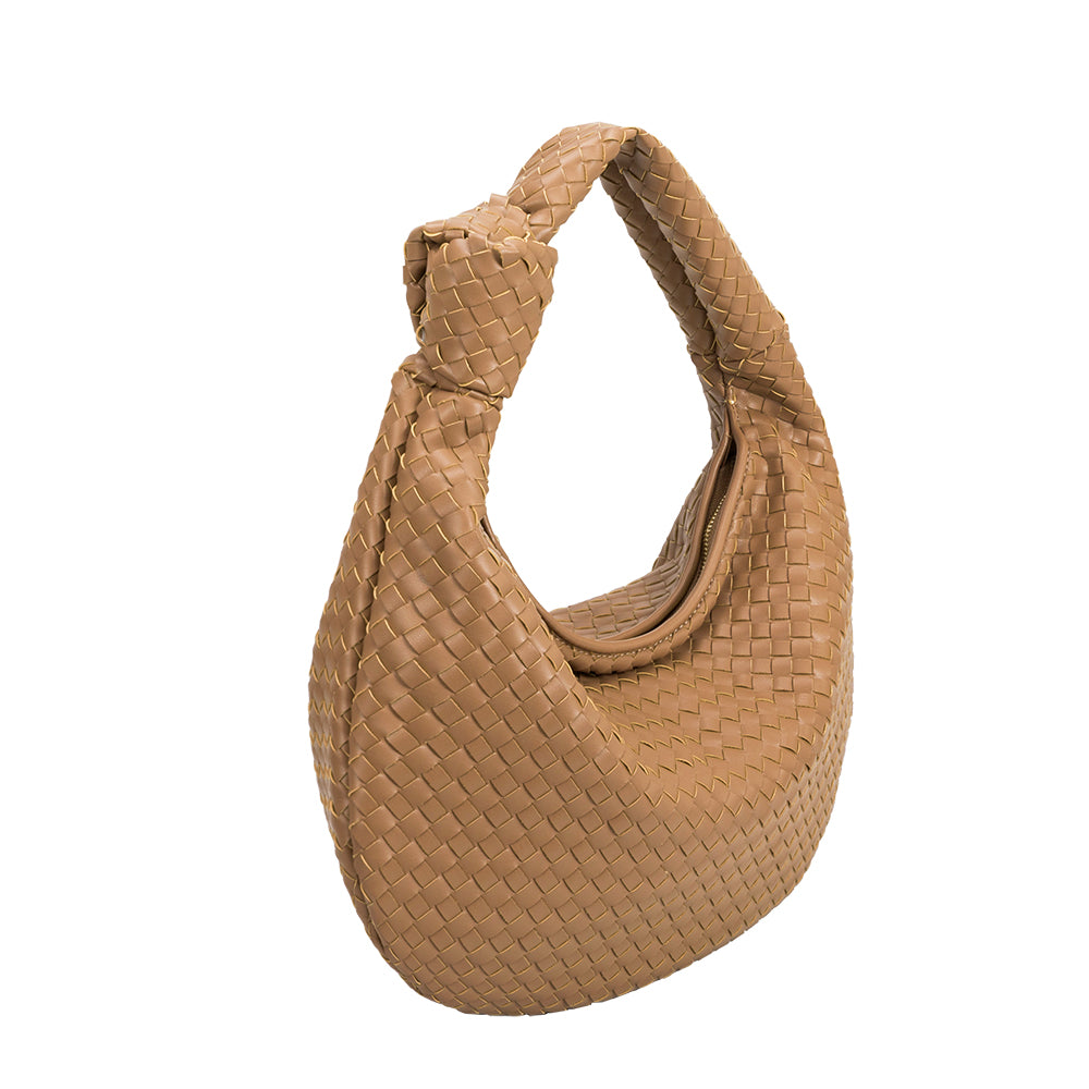 A Khaki recycled vegan leather shoulder handbag with a knot.