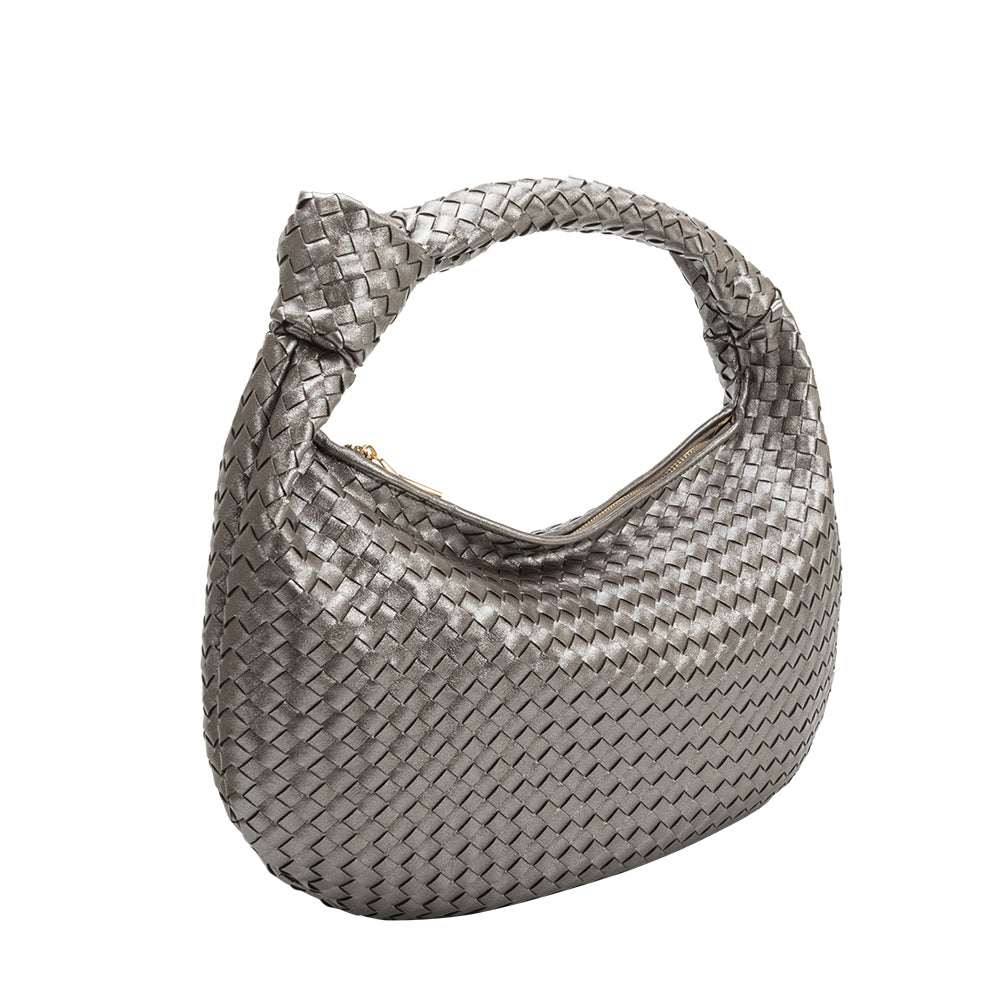 A pewter metallic recycled vegan leather handbag with a knot.