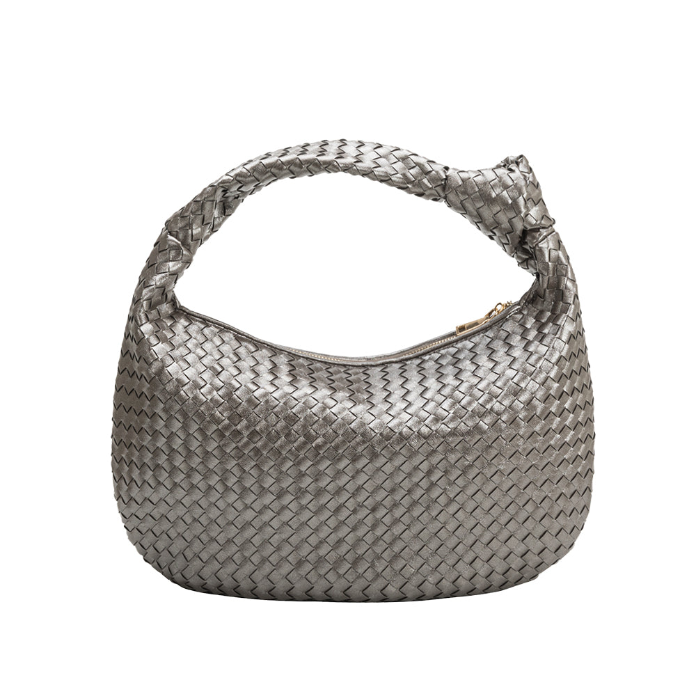 A pewter metallic recycled vegan leather shoulder bag with a knot. 