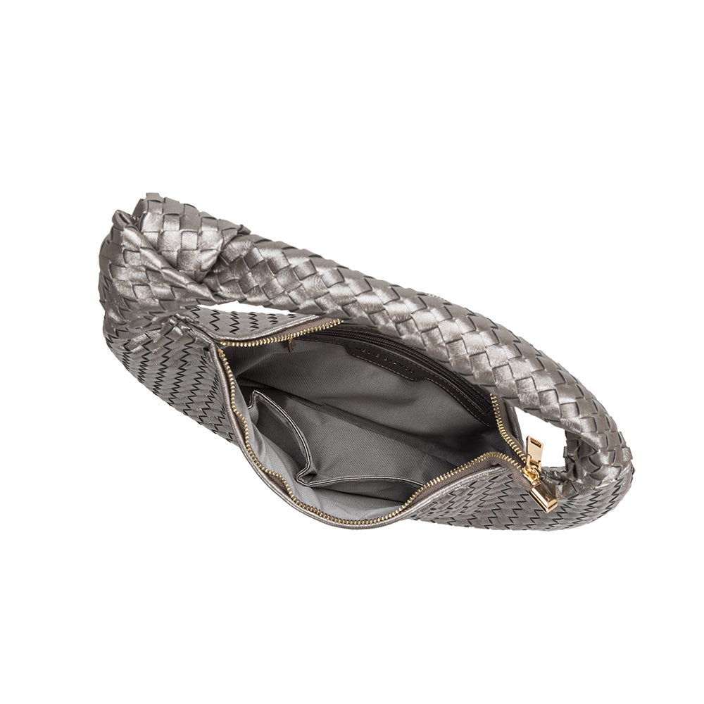 A pewter metallic recycled vegan leather shoulder bag with a knot.