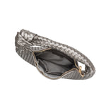 A pewter metallic recycled vegan leather shoulder bag with a knot.