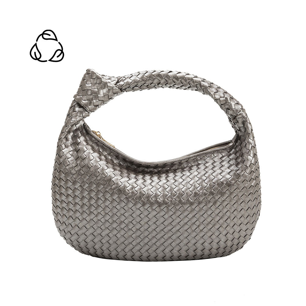 A pewter metallic recycled vegan leather shoulder bag with a knot. 