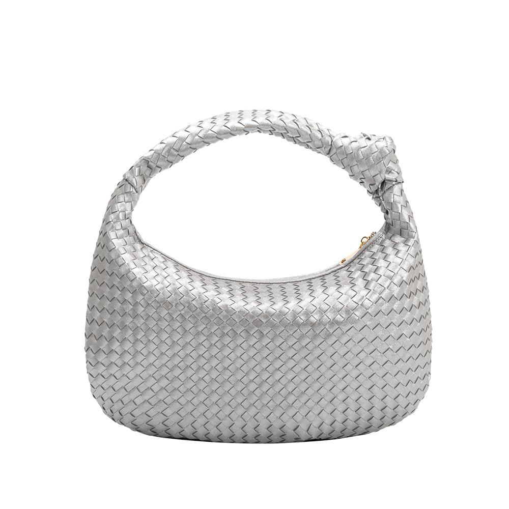 A silver metallic recycled vegan leather shoulder bag with a knot. 