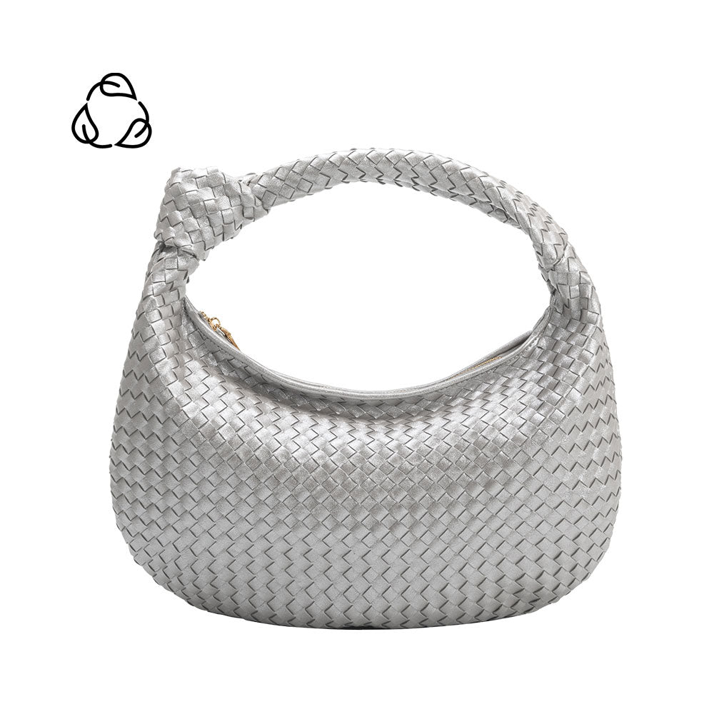 A silver metallic recycled vegan leather shoulder bag with a knot. 