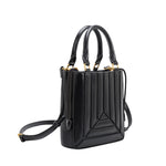 A black  accordion-paneled  recycled vegan leather crossbody handbag. 