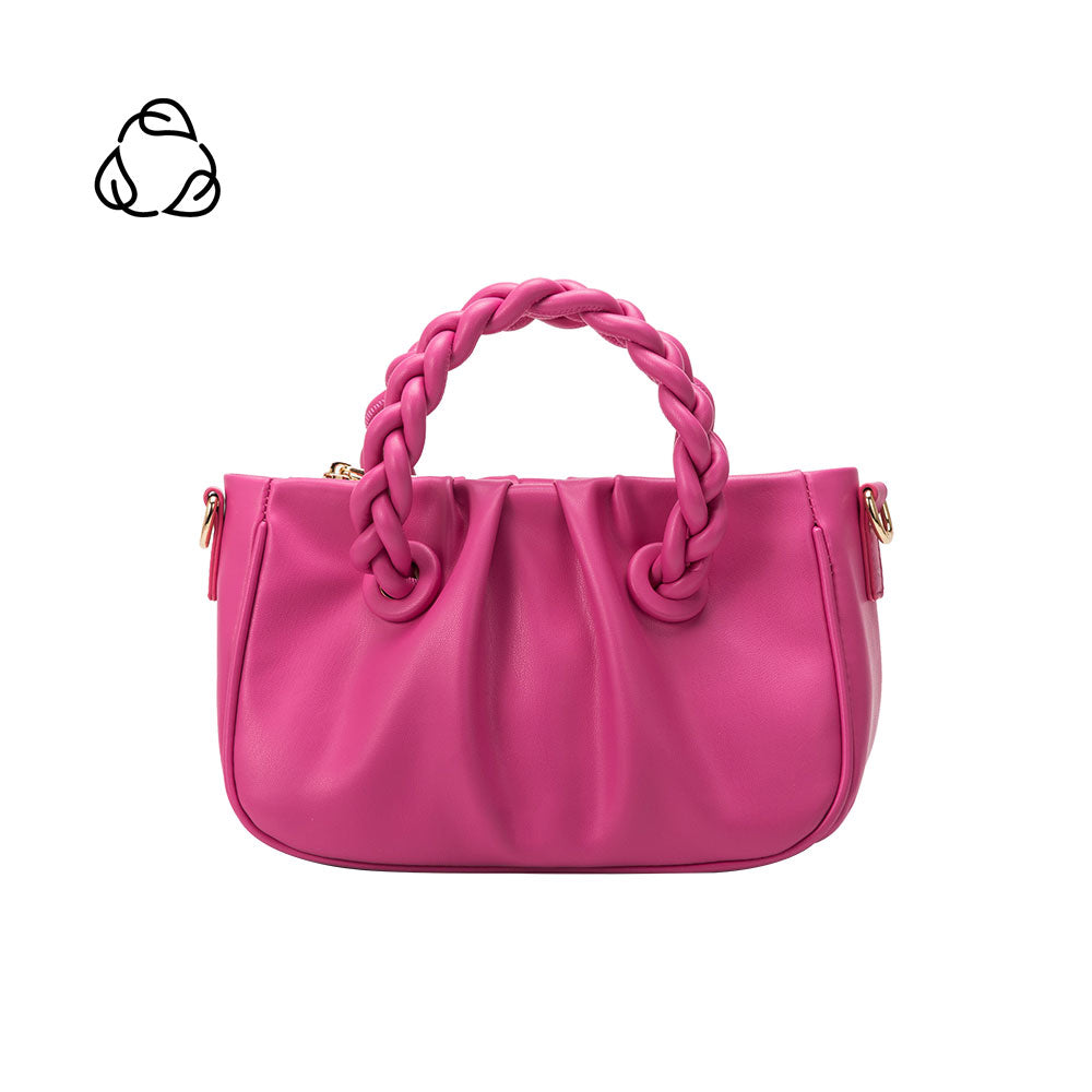 A small pink recycled vegan leather crossbody bag with twisted strap.