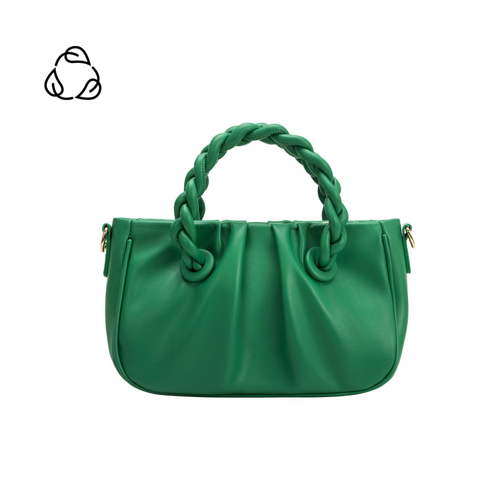 A small green recycled vegan leather crossbody bag with twisted handle. 