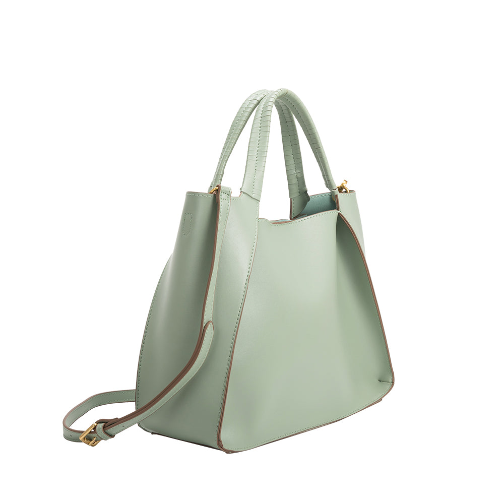 A large recycled vegan leather tote bag with a wrapped handle. 
