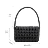 A measurement reference image for a small crocheted vegan leather shoulder bag.
