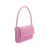A small lilac crocheted recycled vegan leather shoulder bag.