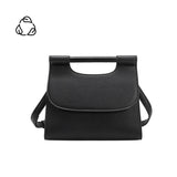 A small black square structured vegan leather crossbody bag with a wooden handle. 