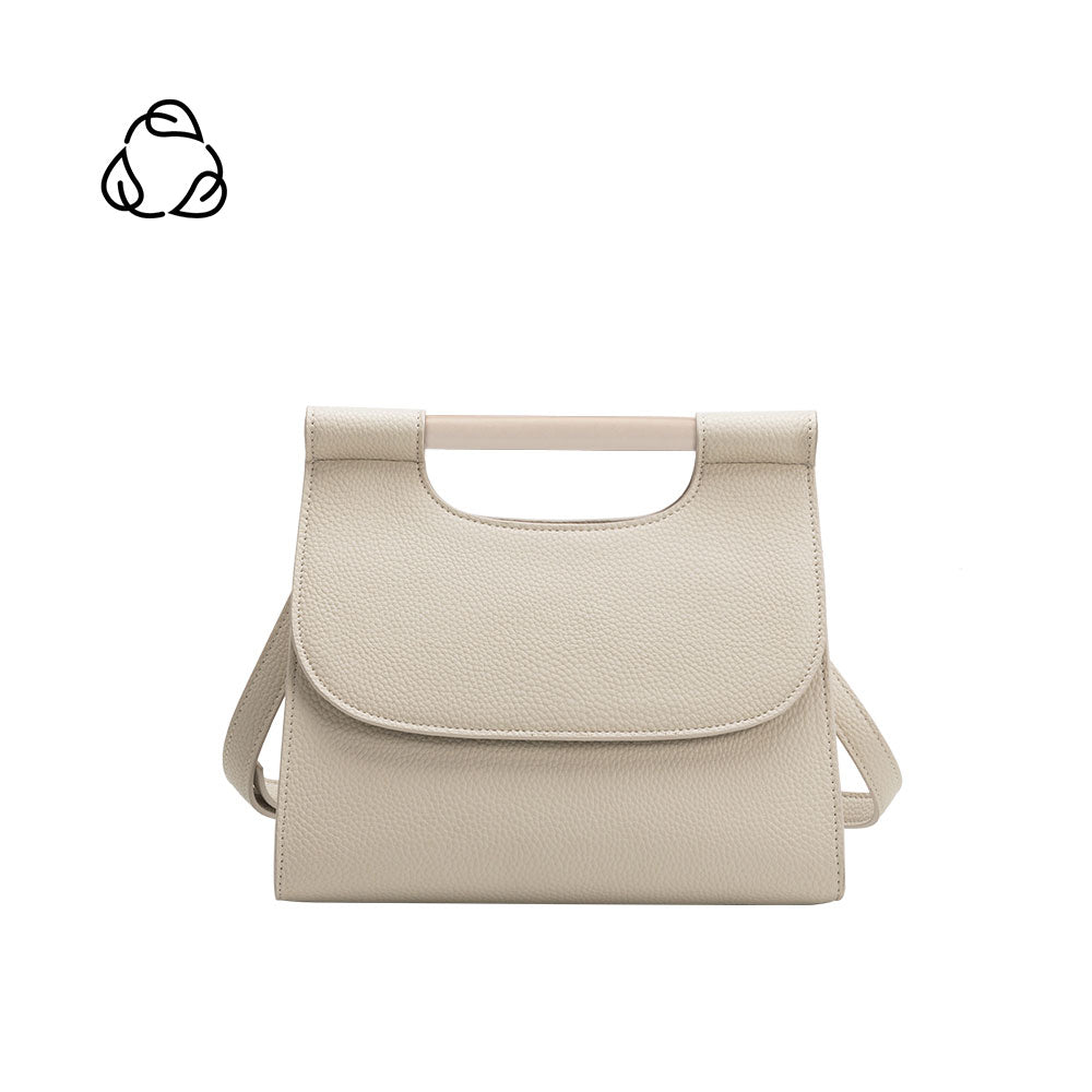 A small bone square structured vegan leather crossbody bag with a wooden handle.