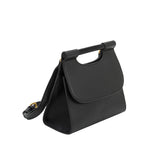 A black square structured vegan leather crossbody bag with a ooden handle. 