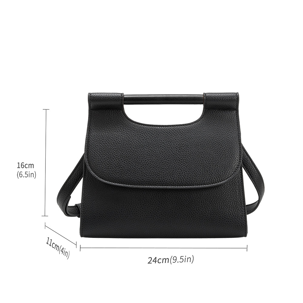 A measurement reference image for a small square vegan leather crossbody bag with a wooden handle. 