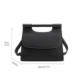 A measurement reference image for a small square structured vegan leather crossbody bag with wooden handle.