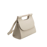 A small bone square structured vegan leather crossbody bag with wooden handle. 